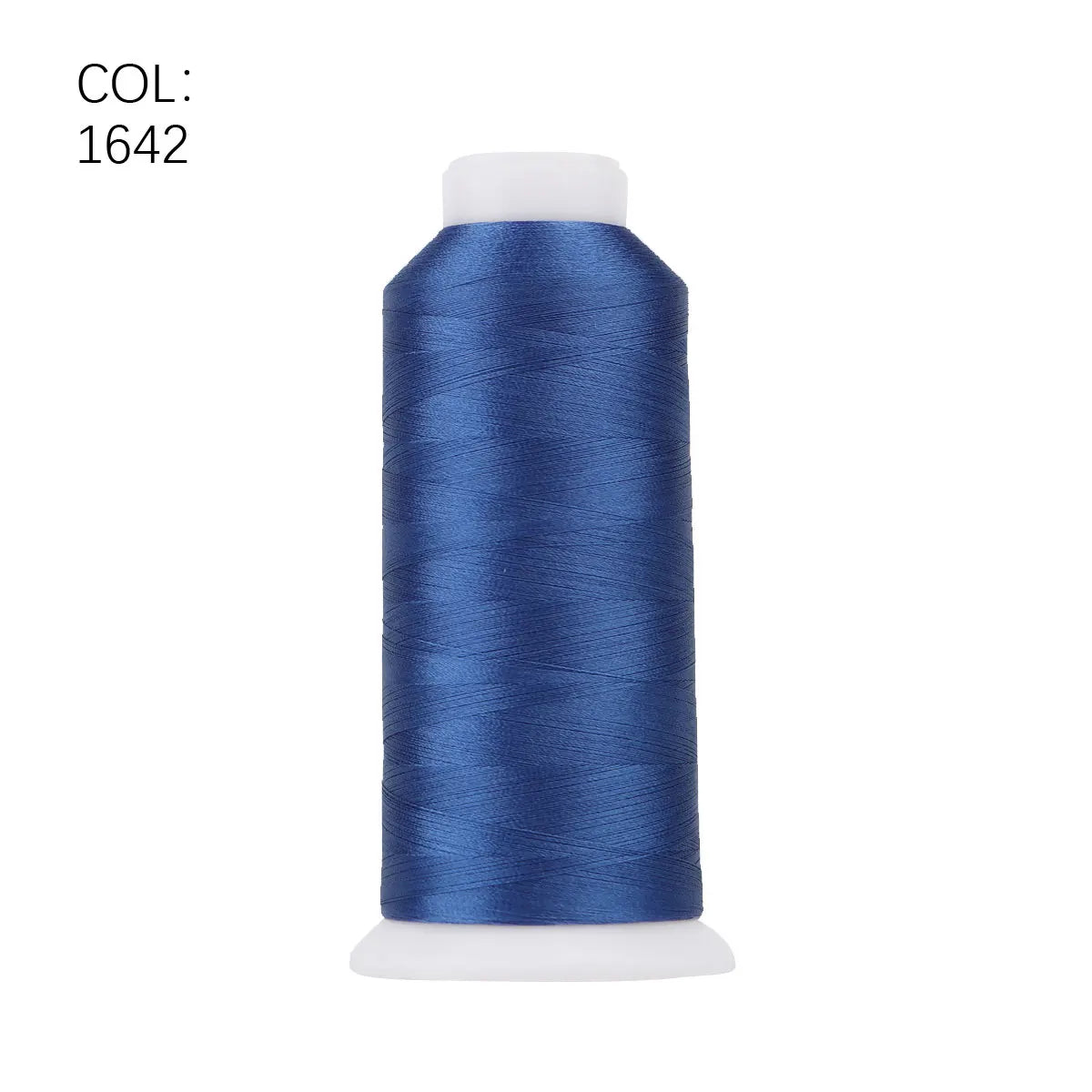 A roll of deep blue polyester embroidery thread with a white core.