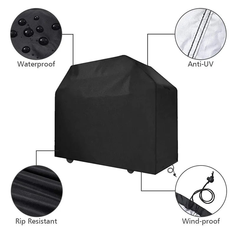 Black heavy-duty BBQ grill cover featuring waterproof, anti-UV, rip resistant, and wind-proof protection.