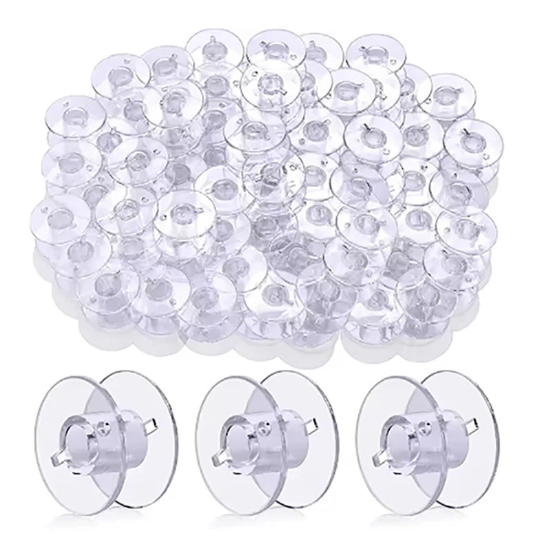 A clear sewing machine bobbin set containing 25 individual bobbins and a storage case.