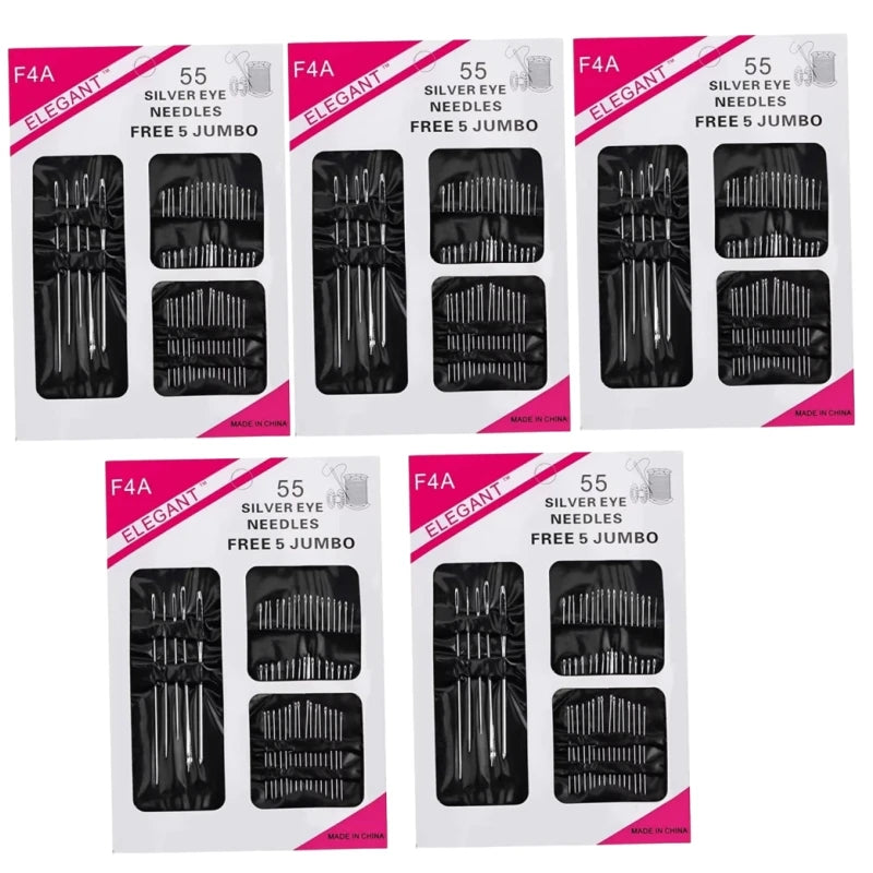 A collection of stainless steel hand sewing needles in various sizes and quantities packaged for elegant use.