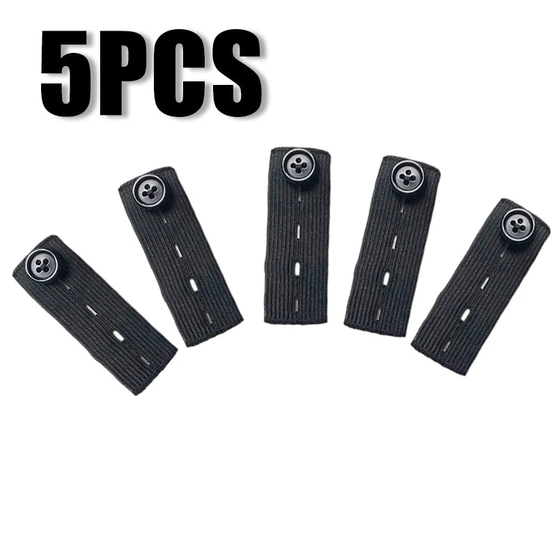 Five black adjustable elastic waist extender belts are displayed individually.