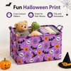 A purple Halloween print storage basket filled with stuffed animals and decorative items.
