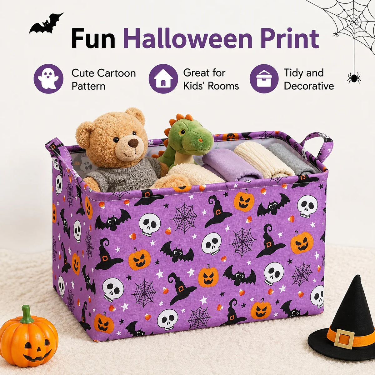 A purple Halloween print storage basket filled with stuffed animals and decorative items.