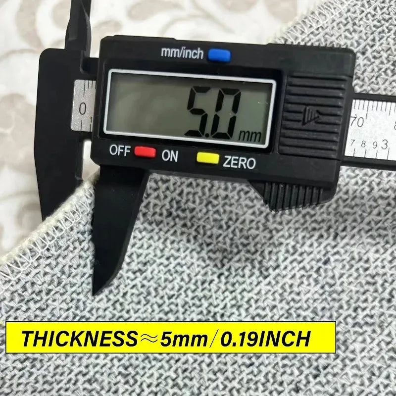 A black digital caliper measures a thickness of 5mm or 0.19 inch.
