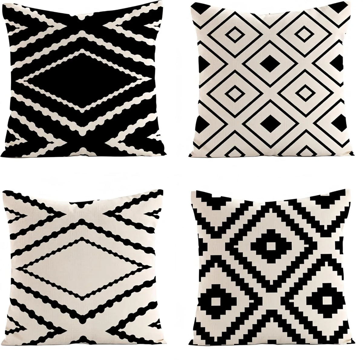 A set of two geometric black and white throw pillow covers featuring diamond and zigzag patterns.