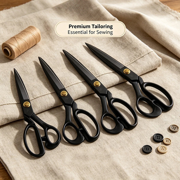 A set of professional black tailor's sewing shears resting on a beige cloth with a wooden spool.