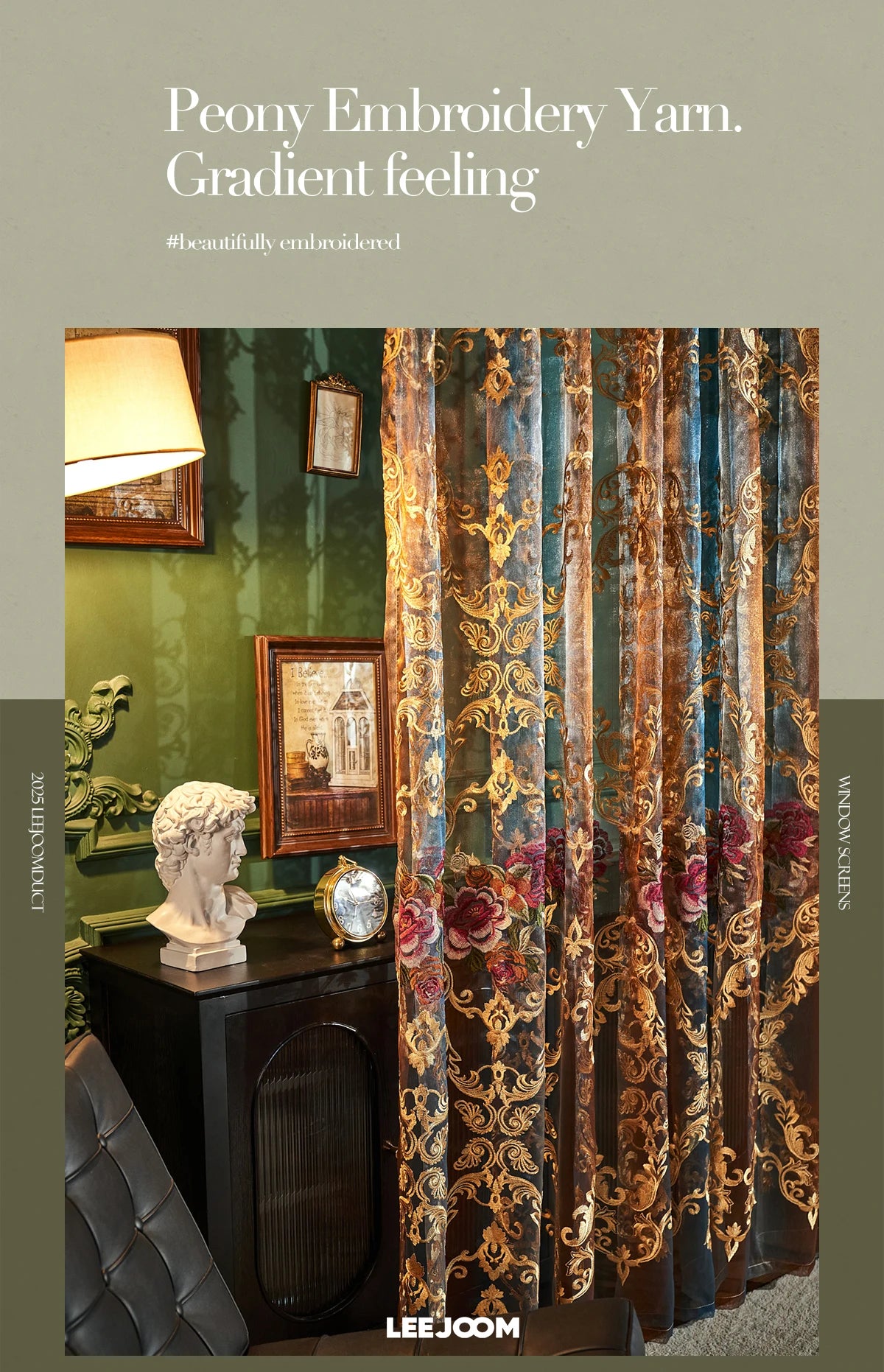 A close-up of ornate, sheer curtains with gold floral embroidery in shades of bronze and deep teal, set against a dark wood c