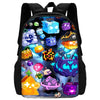 A black backpack featuring colorful cartoon characters and designs for kids.