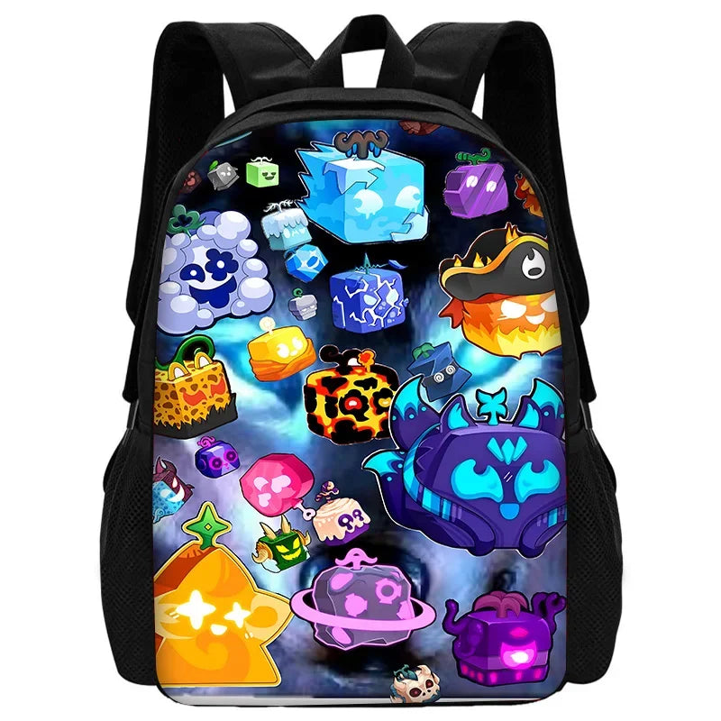 A black backpack featuring colorful cartoon characters and designs for kids.