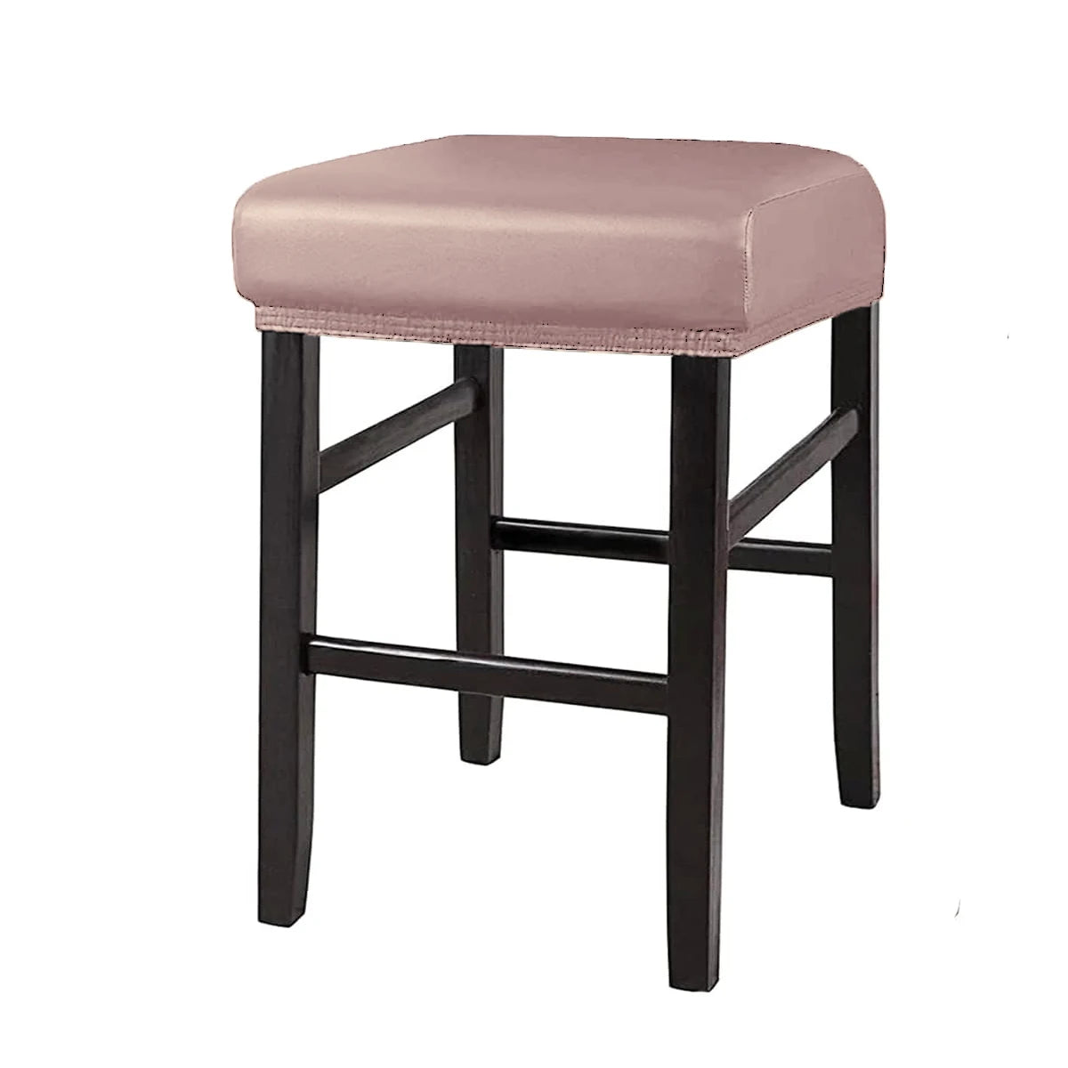 A bar stool with a pink upholstered seat and black wooden legs.