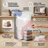 A large no-pump vacuum storage bag for textiles is shown next to folded linens, highlighting its space-saving and reusable fe
