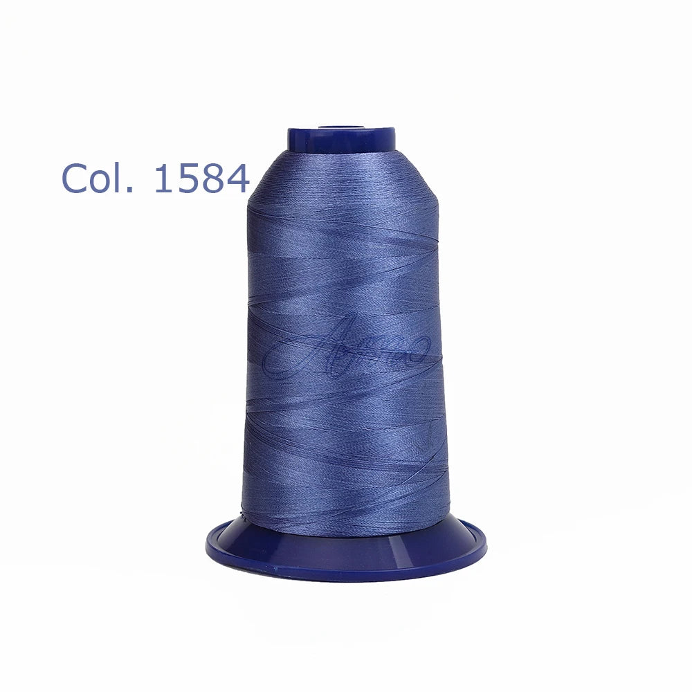 A spool of blue embroidery thread, color Col. 1584, for high tenacity polyester work.