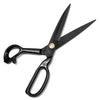 A pair of black heavy duty industrial tailor scissors with sharp blades.