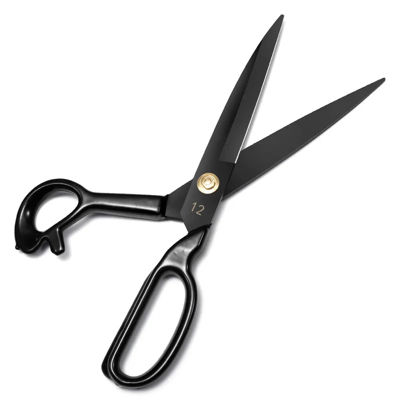 A pair of black heavy duty industrial tailor scissors with sharp blades.