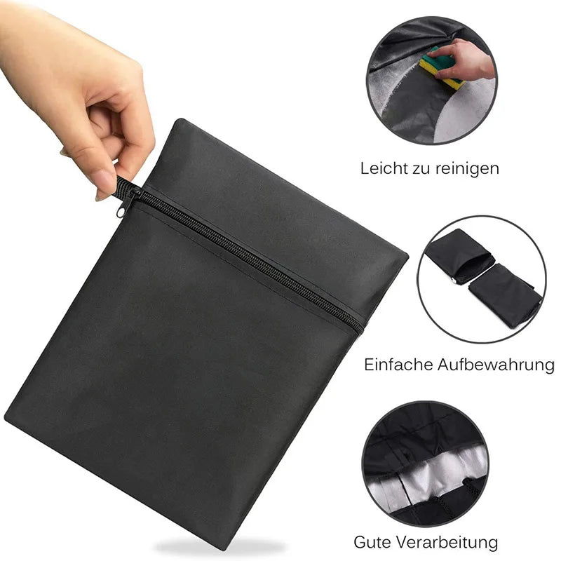 Black heavy-duty outdoor BBQ grill cover shown with features for easy cleaning, storage, and processing.