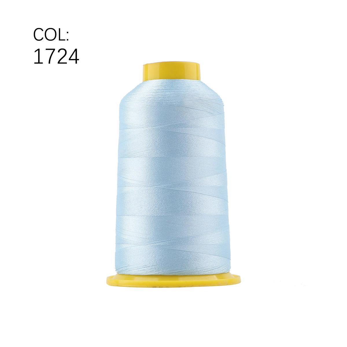 A spool of light blue high tenacity polyester embroidery thread with a yellow core.