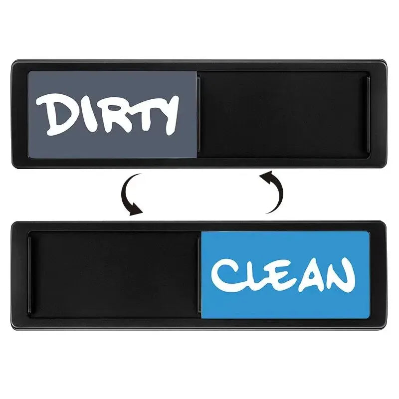 Magnetic dish indicator showing dirty and clean options on a black panel