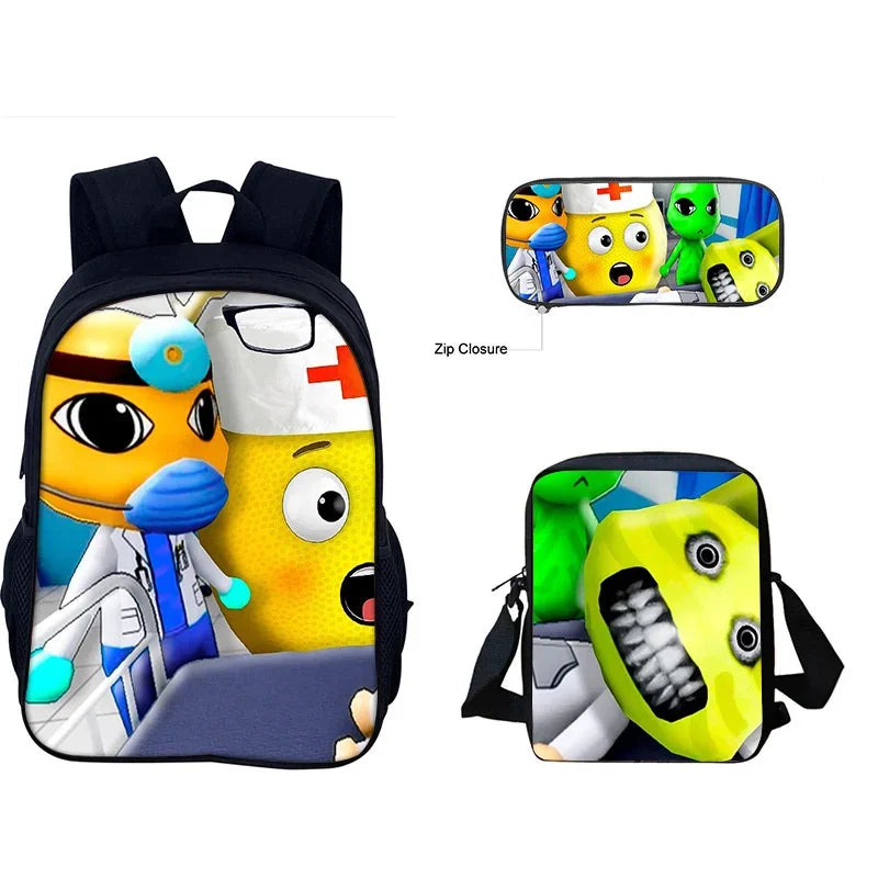 A black backpack featuring three cartoon animal characters, including a yellow cat and a green lizard, designed for kids.