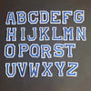 A set of blue alphabet embroidery iron-on patches showing the letters A through Z.