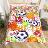 A vibrant duvet cover set featuring hand-drawn football graphics in various colors like orange, red, yellow, and blue.