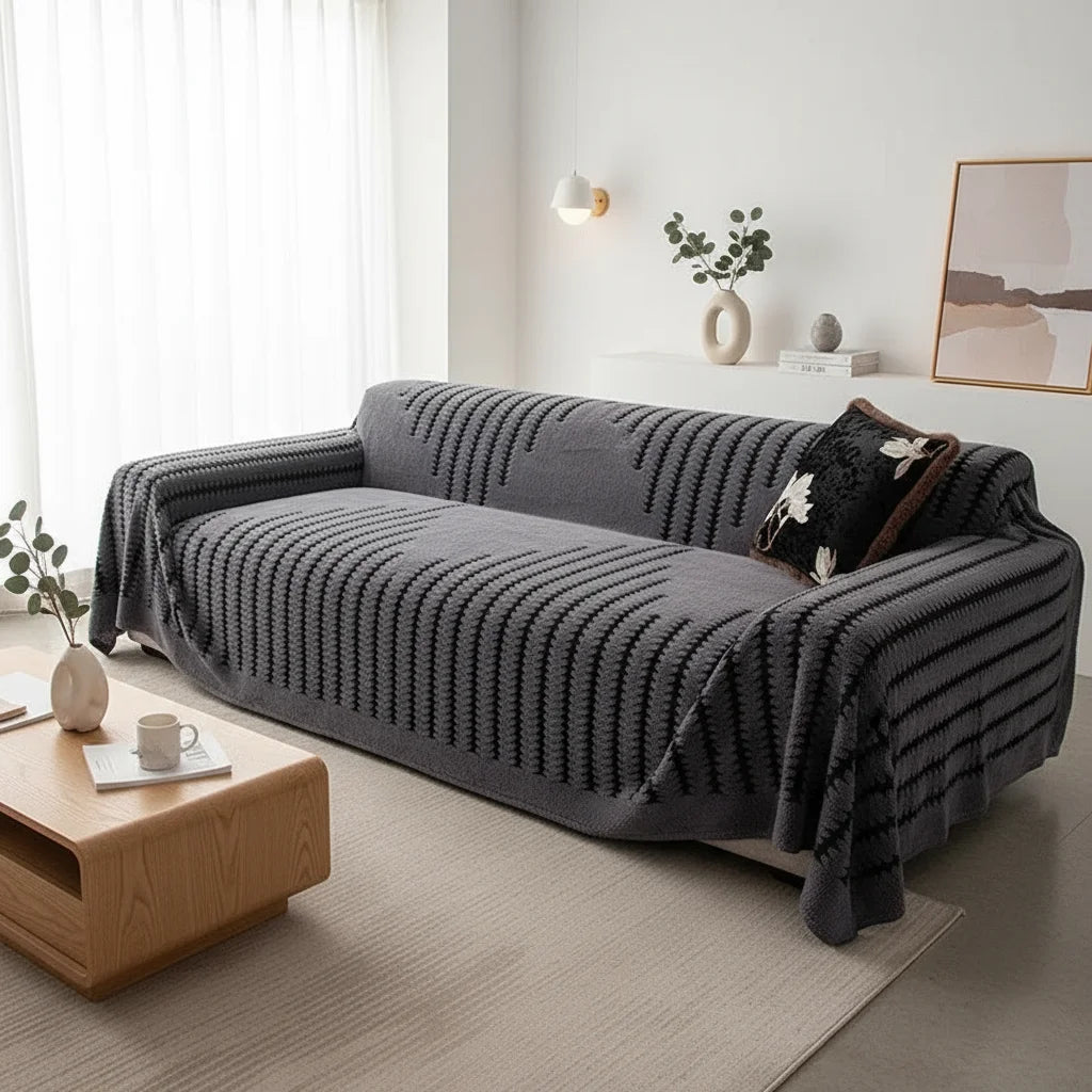A charcoal gray bohemian striped sofa cover draped over a modern sofa in a bright living room.