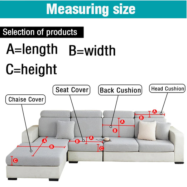 Diagram showing measurements A length B width and C height on a stretch sofa seat cushion cover.