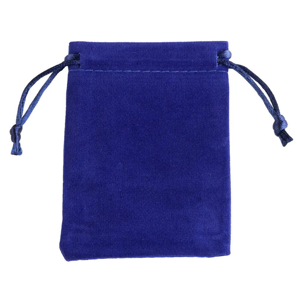 A dark blue velvet drawstring gift bag with braided ties.