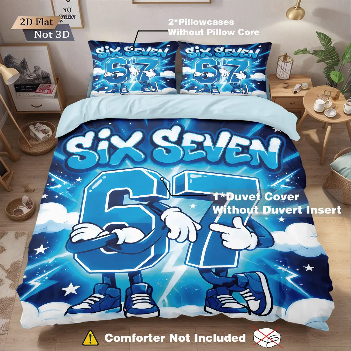 Set of three blue and white Six Seven themed duvet covers featuring a large number 67 design