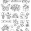 A collection of line art illustrations featuring nature, mandalas, and floral patterns for embroidery stabilizers.