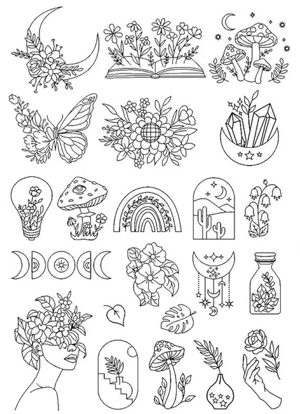 A collection of line art illustrations featuring nature, mandalas, and floral patterns for embroidery stabilizers.