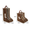 A set of brown waterproof foldable boots storage bags with visible measurements.