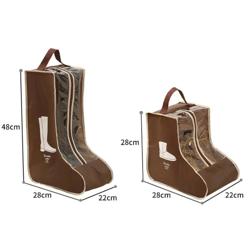 A set of brown waterproof foldable boots storage bags with visible measurements.