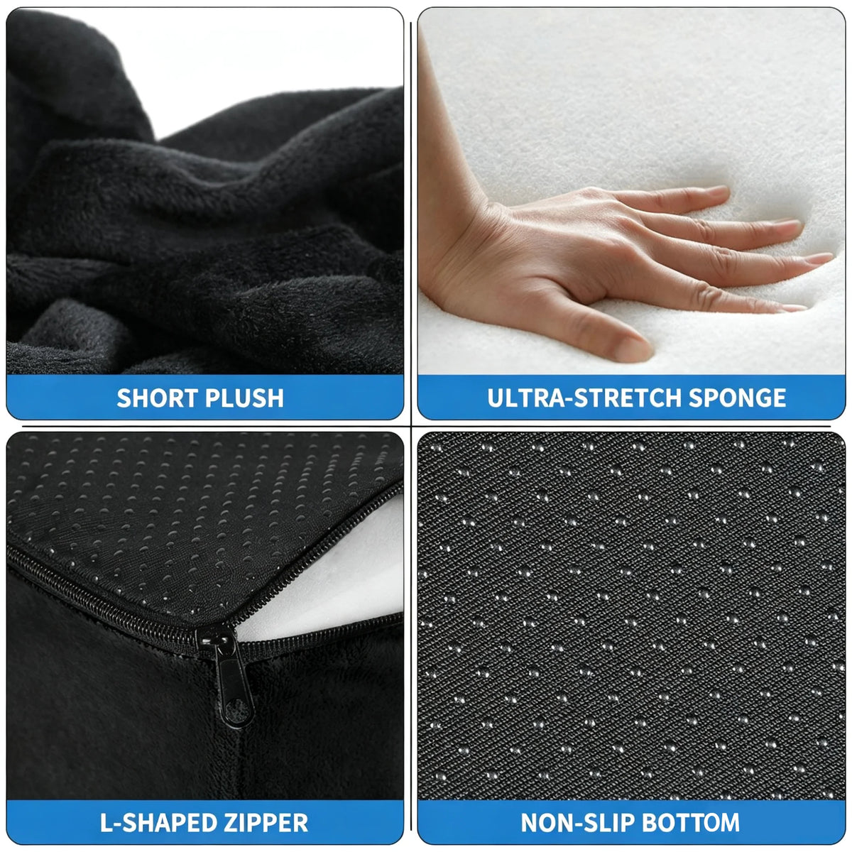 An ergonomic seat cushion featuring a short plush fabric, ultra-stretch sponge, L-shaped zipper, and non-slip bottom.
