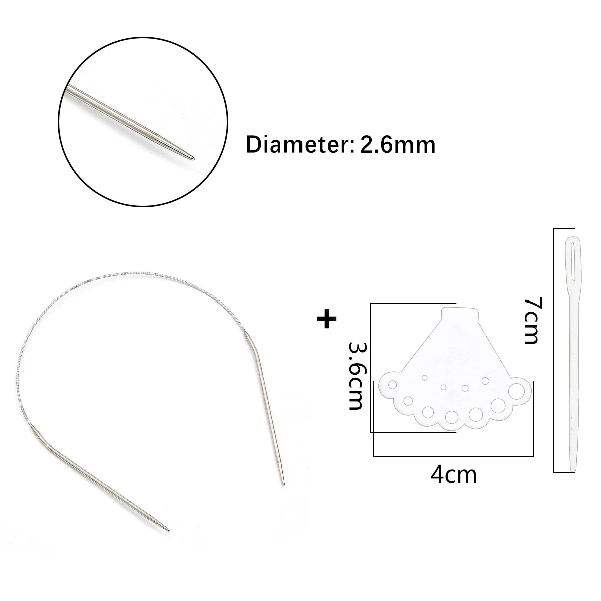 Stainless steel circular knitting needles set with a 2.6mm diameter and various sizes.