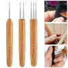 Three wooden crochet hooks with varying sizes, including 0.5 mm and 0.7 mm, shown for dreadlocks and braids.