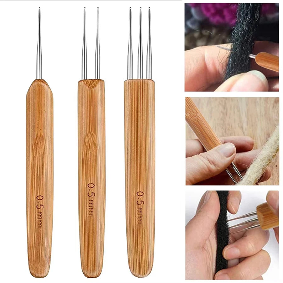 Three wooden crochet hooks with varying sizes, including 0.5 mm and 0.7 mm, shown for dreadlocks and braids.