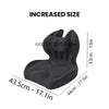 A black memory foam lumbar support cushion shown with dimensions and an increased size label.