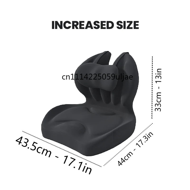 A black memory foam lumbar support cushion shown with dimensions and an increased size label.