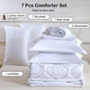 A set of 7 pieces including pillows, sheets, and a comforter for a twin bed bedding set.