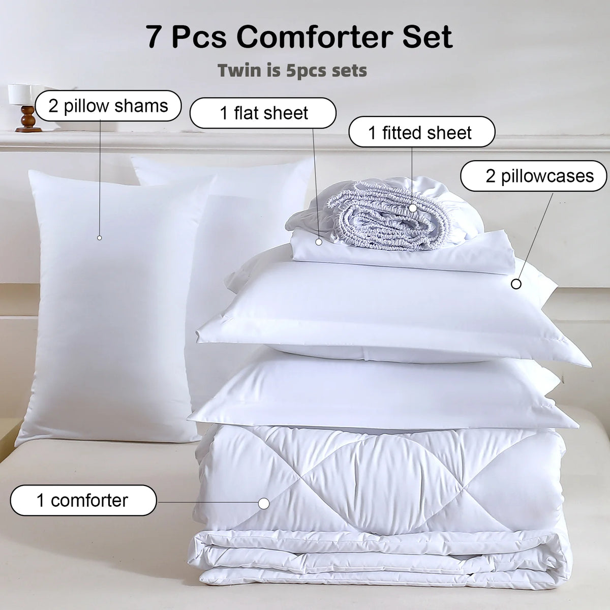 A set of 7 pieces including pillows, sheets, and a comforter for a twin bed bedding set.