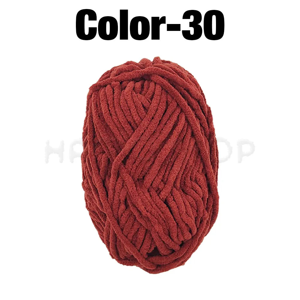 A ball of dark reddish-brown chenille yarn labeled Color-30 for crafting.