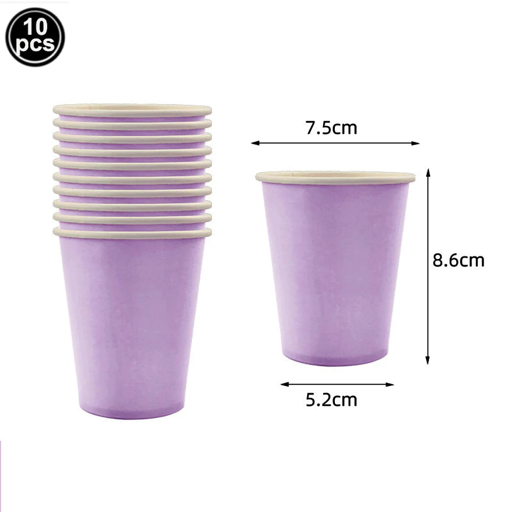 Ten purple and white striped paper cups with measurements shown.