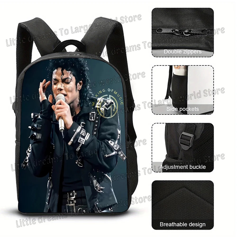 Black backpack featuring a graphic of a musician performing on stage and various accessory details.
