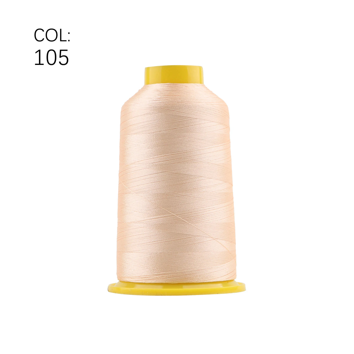 A spool of light peach colored high tenacity polyester embroidery thread with a yellow plastic core.