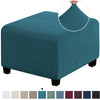 A teal square jacquard footrest ottoman slipcover with a textured fabric and wooden legs.