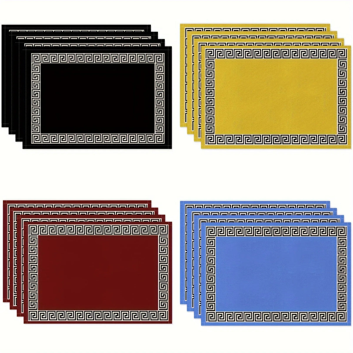 A set of five solid linen blend table placemats in black, yellow, and blue with Greek key borders.