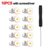 A set of ten metal jeans button repair kits with screwdrivers and decorative flower-shaped components.