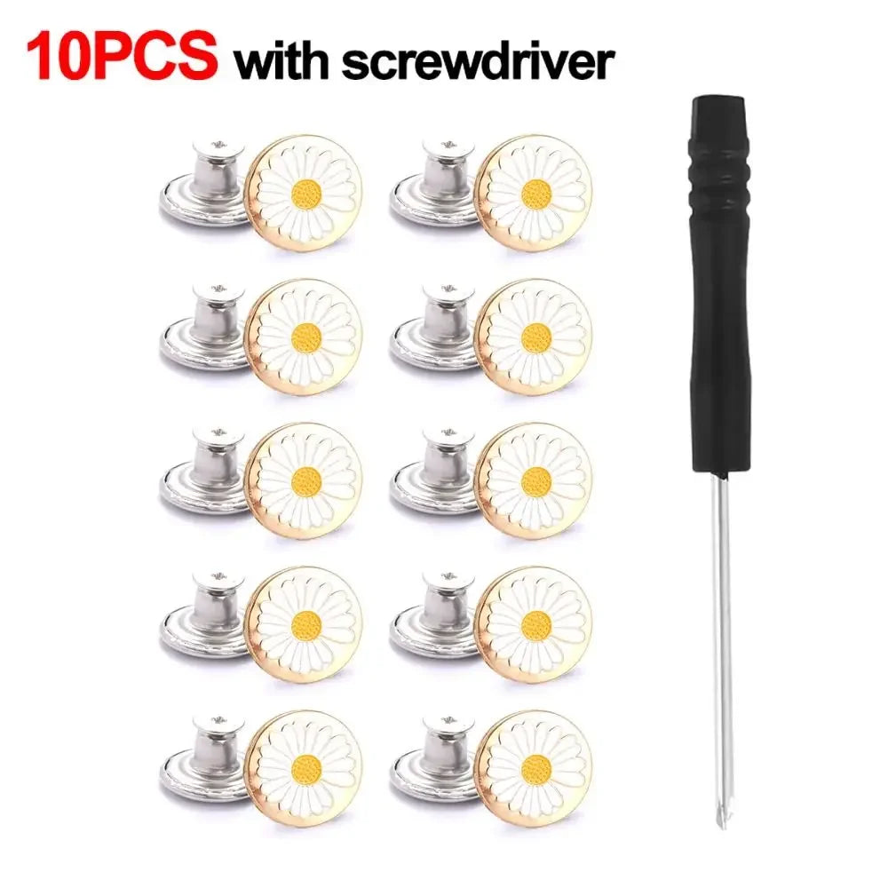 A set of ten metal jeans button repair kits with screwdrivers and decorative flower-shaped components.