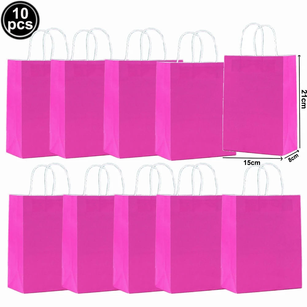 Ten magenta paper gift bags with white handles displayed side by side.