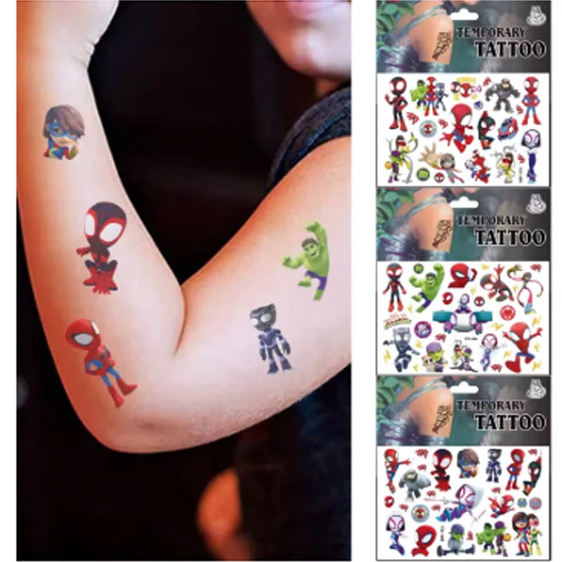 A collage showing various temporary tattoos featuring characters from Spidey and His Amazing Friends